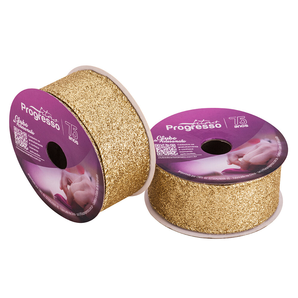 Fita de Natal Aramada Metalizado Dourado Com Glitter 38mm x10metros - Progresso