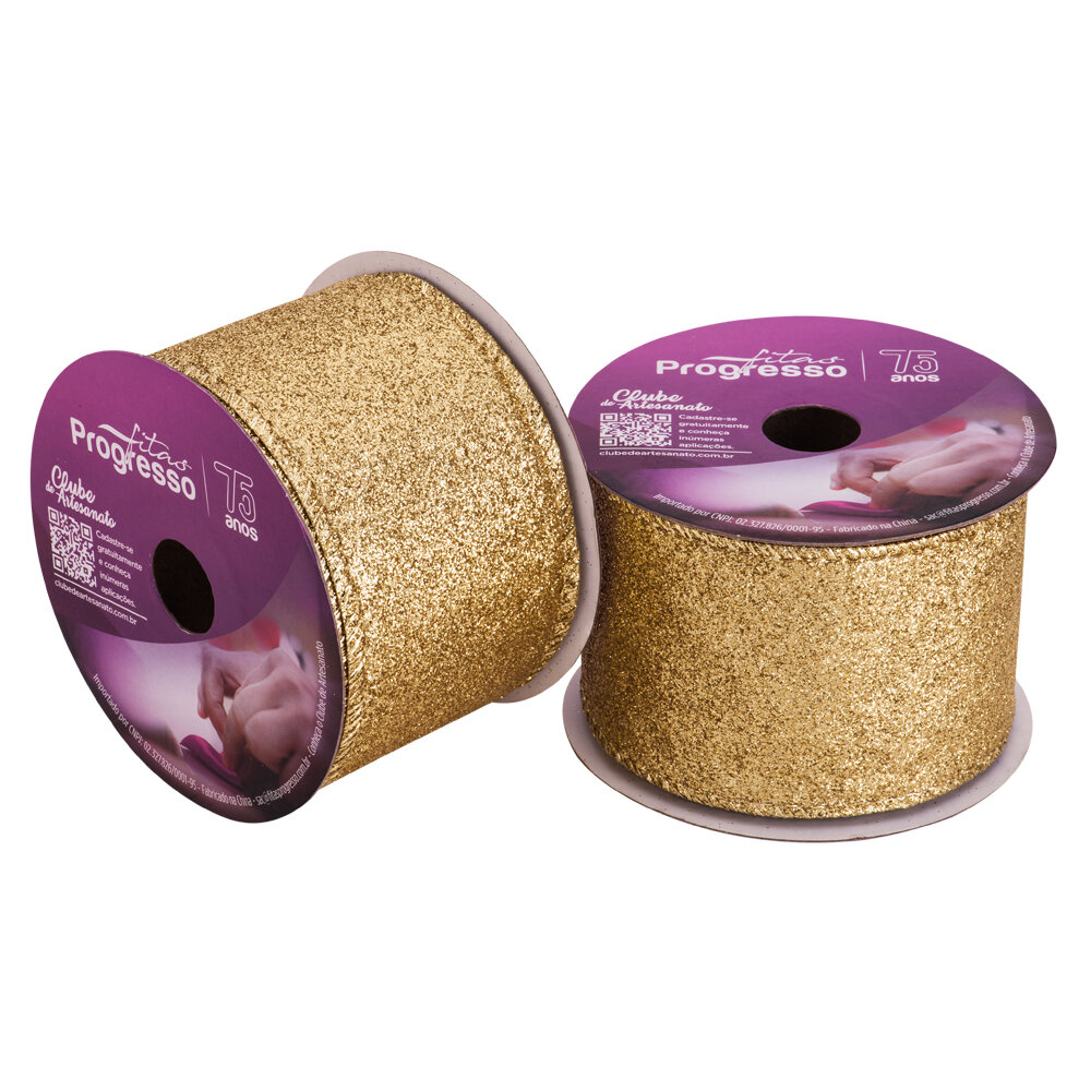 Fita de Natal Aramada Metalizado Dourado Com Glitter 63mm x10metros - Progresso