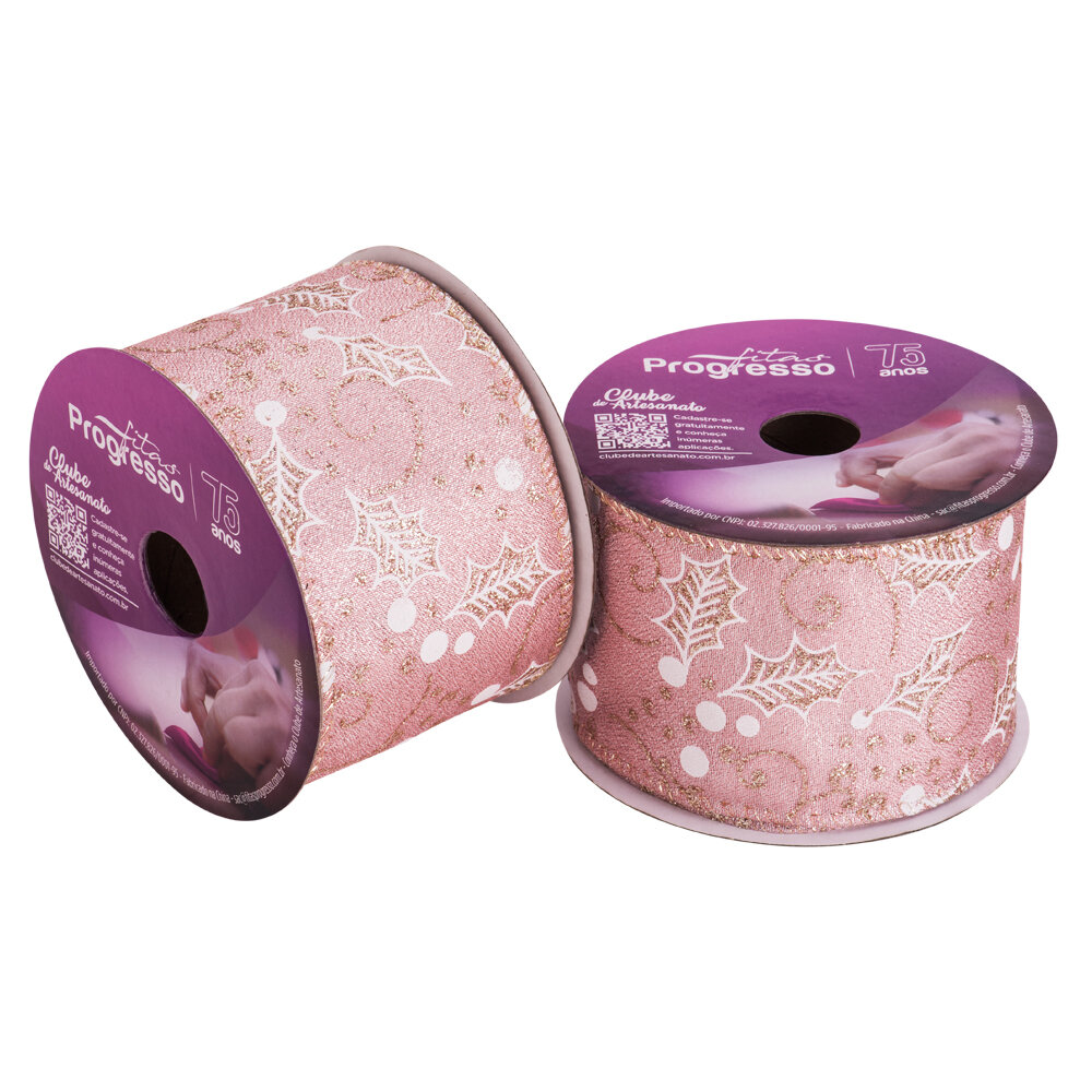 Fita de Natal Aramada Flocos de Neve Rose e Branco 63mm x10metros - Progresso